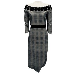 CHIARA BONI LA PETITE ROBE BLACK MULTI STUDDED PLAID NYLON STRETCH COCKTAIL DRES